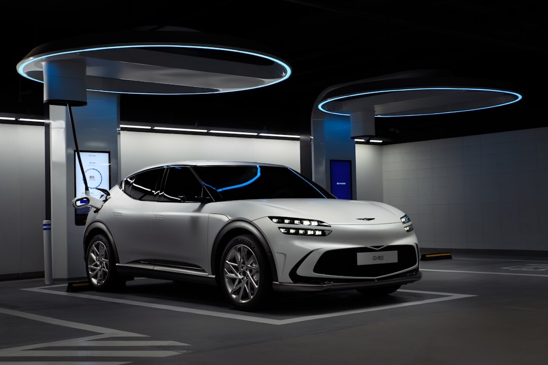 Modern electric car charging in a futuristic setting